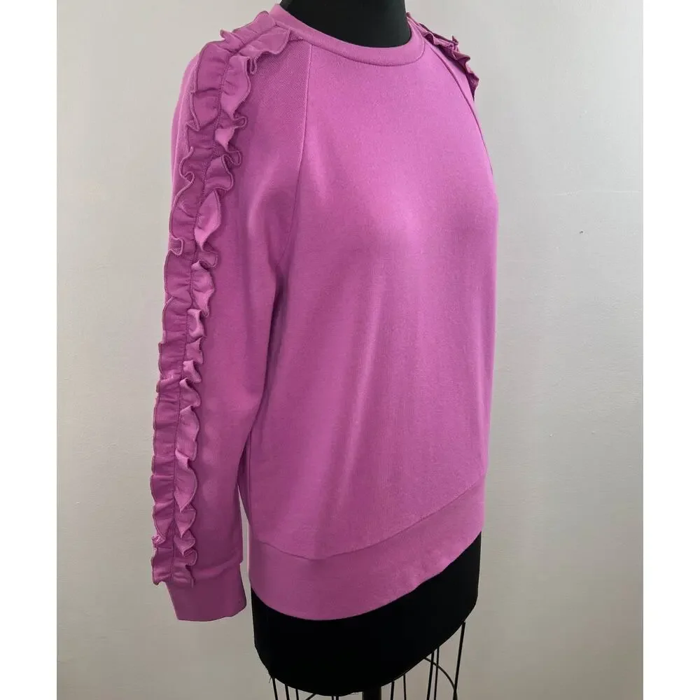 KATE SPADE Pink Pansy Long Sleeve Cotton Ruffle Pullover Sweater Top Sz S Small